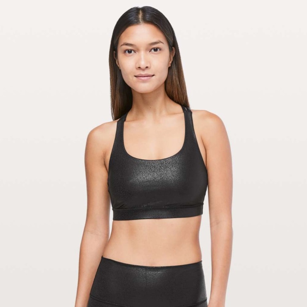 Lululemon Black Faux Leather Energy Sports‎ Bra Sz 6 Luminosity Foil Print Black